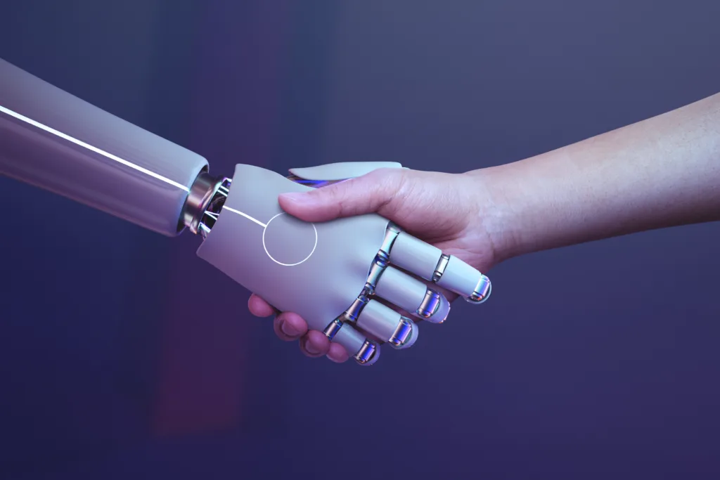 robot handshake human background futuristic digital age 1