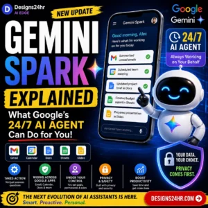 Square thumbnail titled “Gemini Spark Explained,” showing a friendly AI robot beside a smartphone task dashboard with Gmail, Calendar, Docs, Sheets, and Slides cards, plus bold callouts for 24/7 AI agent, works across Google apps, privacy first, under your control, and a designs24hr.com CTA.
