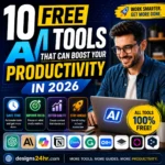 Square high-contrast thumbnail for The AI Edge showing a realistic man using a laptop with bold text “10 Free AI Tools That Can Boost Your Productivity in 2026,” AI tool icons, productivity benefit cards for saving time, improving focus, better quality, and staying ahead, plus a designs24hr.com CTA.
