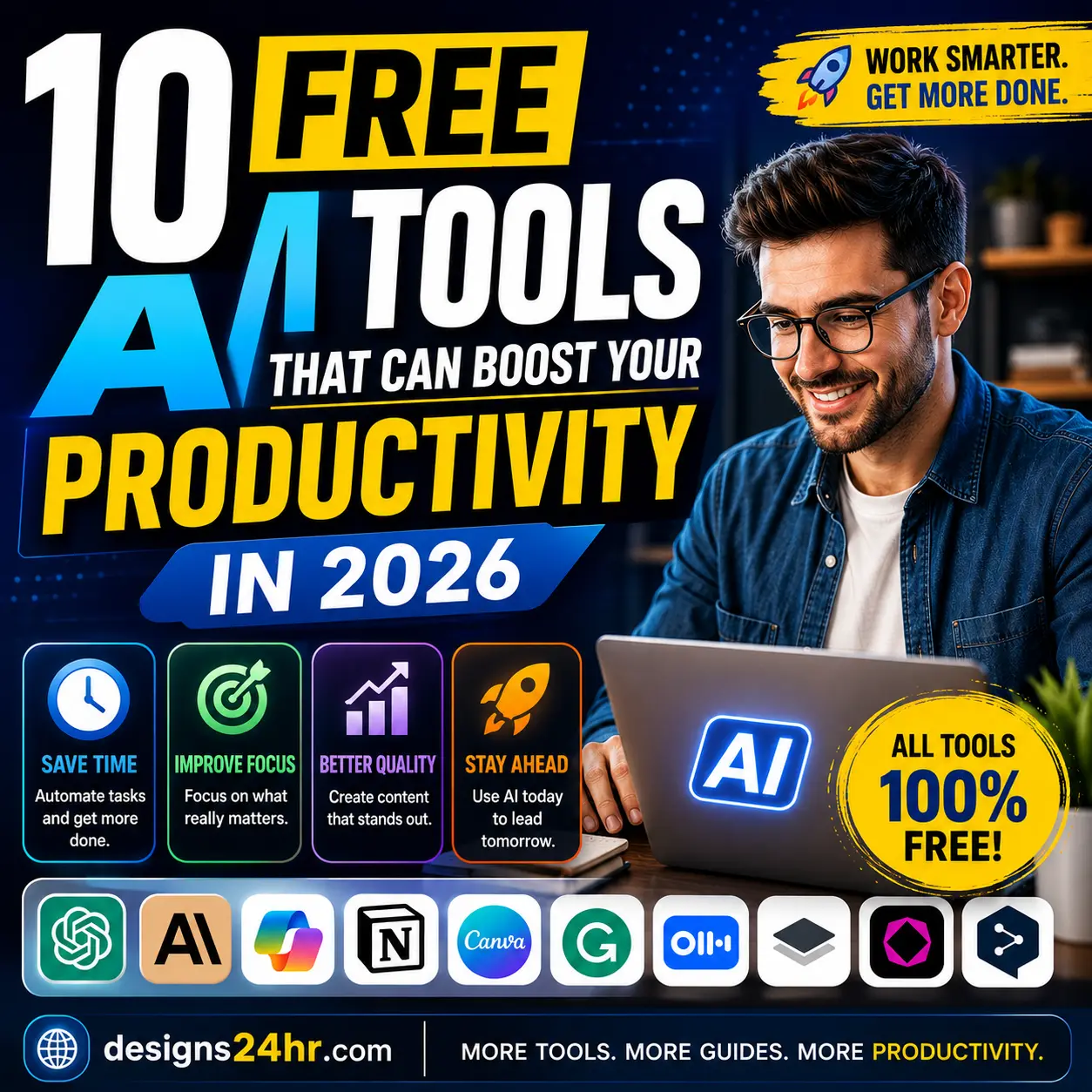 Square high-contrast thumbnail for The AI Edge showing a realistic man using a laptop with bold text “10 Free AI Tools That Can Boost Your Productivity in 2026,” AI tool icons, productivity benefit cards for saving time, improving focus, better quality, and staying ahead, plus a designs24hr.com CTA.