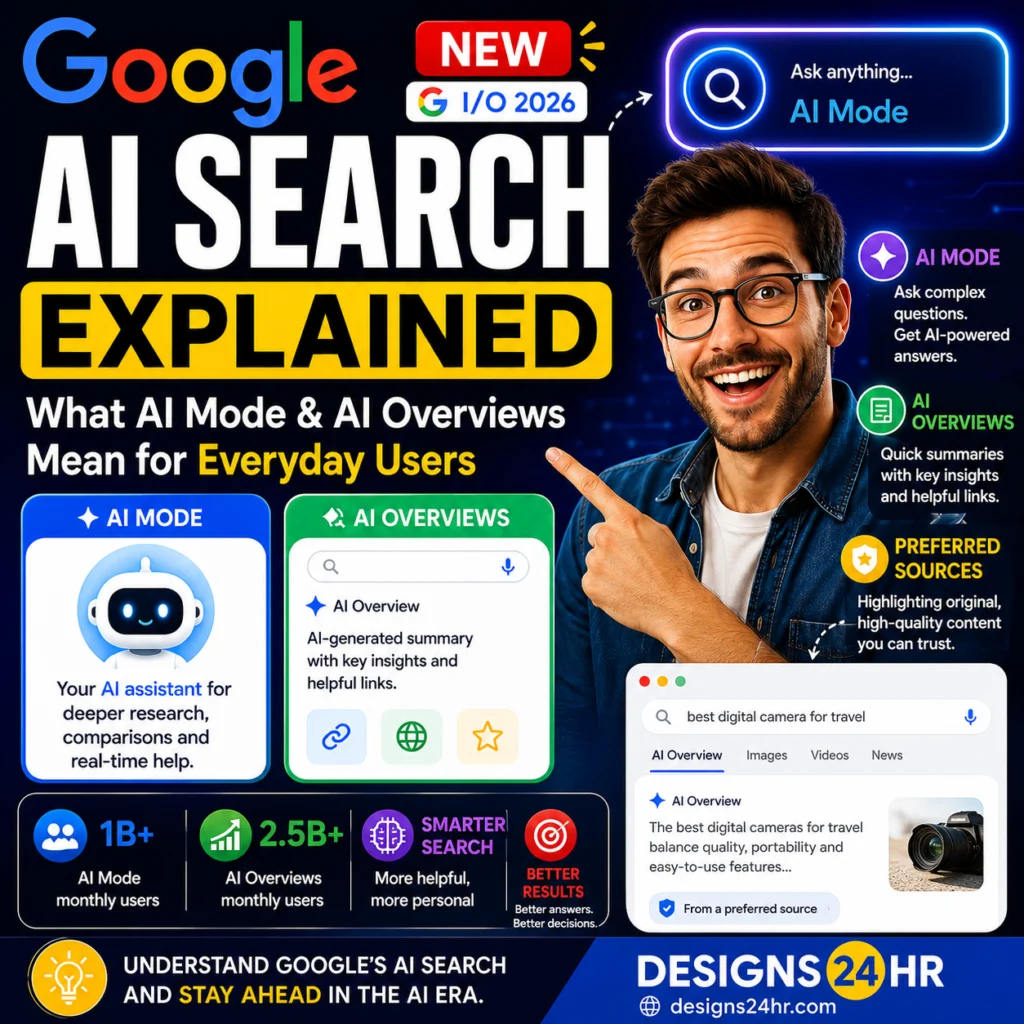 Square thumbnail titled “Google AI Search Explained,” showing a person pointing toward AI Mode and AI Overviews panels, with bold Google AI Search text, search interface graphics, trusted source callouts, and a designs24hr.com CTA at the bottom.