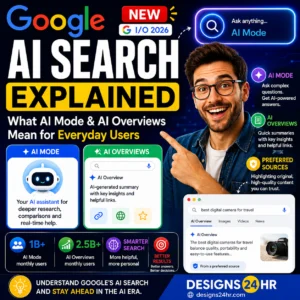 Square thumbnail titled “Google AI Search Explained,” showing a person pointing toward AI Mode and AI Overviews panels, with bold Google AI Search text, search interface graphics, trusted source callouts, and a designs24hr.com CTA at the bottom.