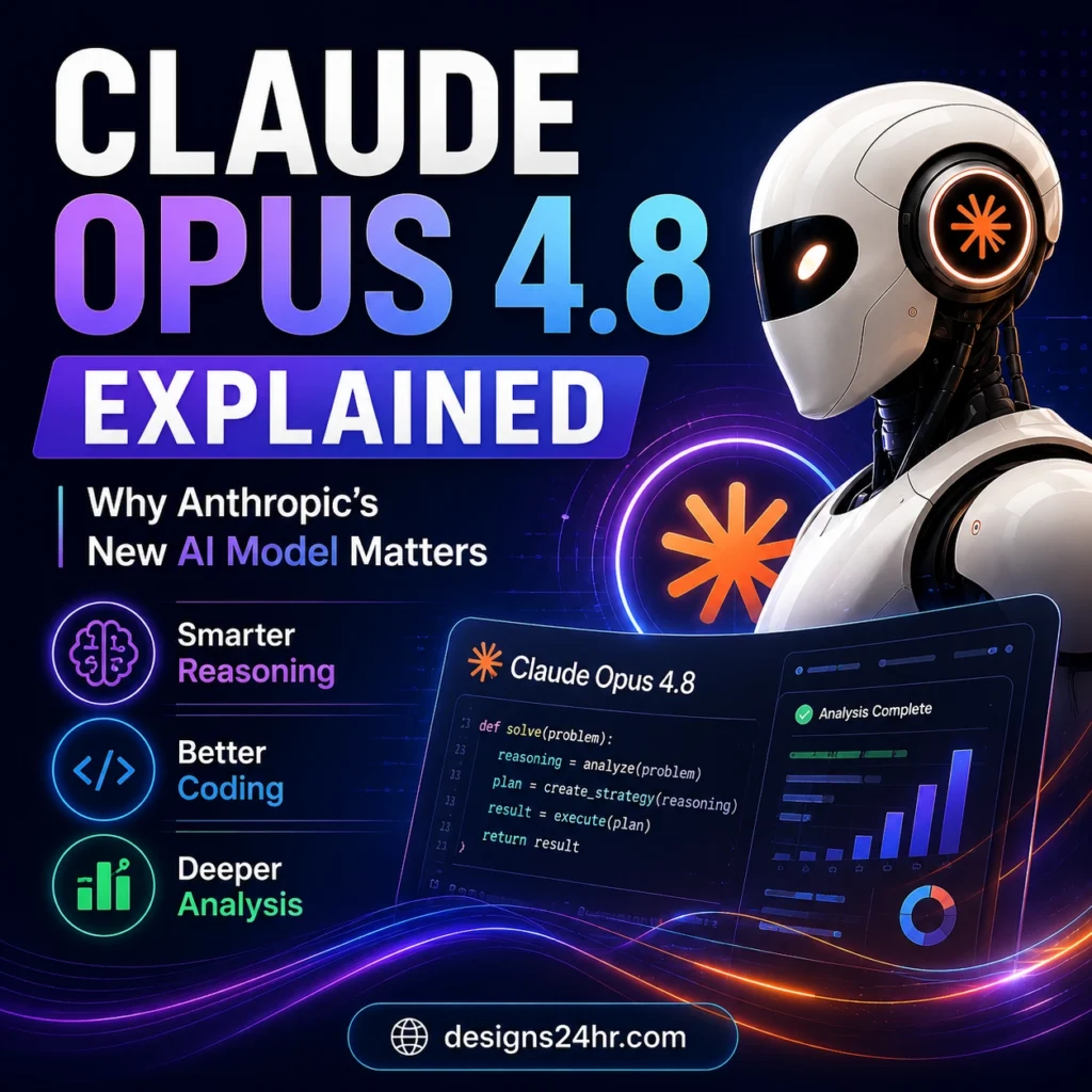 Square thumbnail titled “Claude Opus 4.8 Explained,” showing a futuristic AI robot beside a Claude Opus 4.8 interface with glowing tech elements and callouts for smarter reasoning, better coding, deeper analysis, and why Anthropic’s new AI model matters, plus a designs24hr.com CTA.