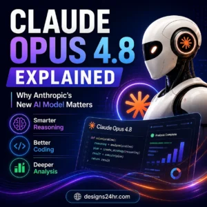 Square thumbnail titled “Claude Opus 4.8 Explained,” showing a futuristic AI robot beside a Claude Opus 4.8 interface with glowing tech elements and callouts for smarter reasoning, better coding, deeper analysis, and why Anthropic’s new AI model matters, plus a designs24hr.com CTA.