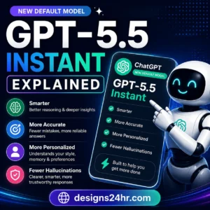 Square thumbnail titled “GPT-5.5 Instant Explained,” showing a futuristic AI assistant beside a ChatGPT GPT-5.5 Instant interface, with bold callouts for smarter answers, more accuracy, personalization, fewer hallucinations, and a designs24hr.com CTA.