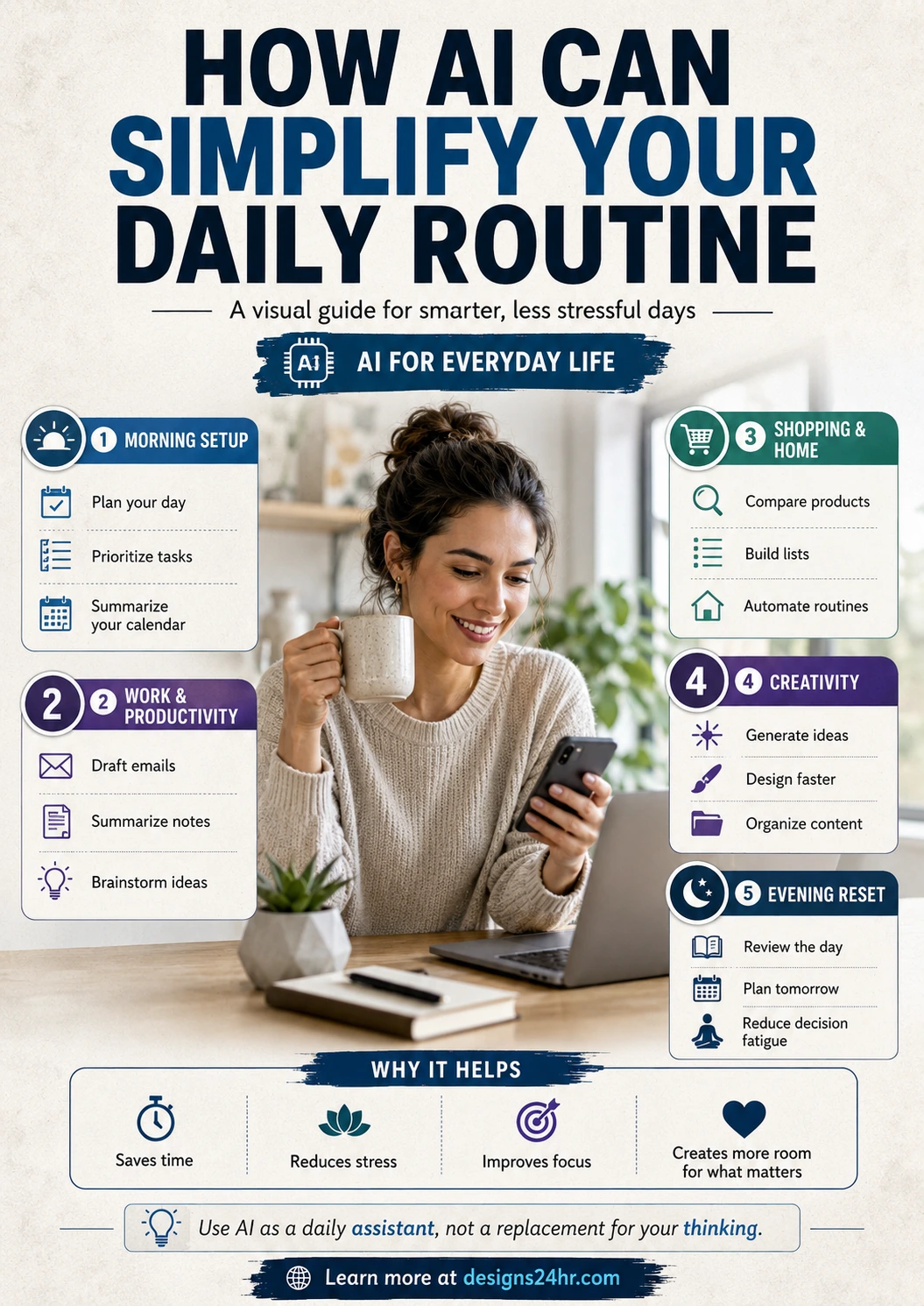 Visual infographic titled “How AI Can Simplify Your Daily Routine,” showing a realistic woman using a phone at a desk with callout panels for morning setup, work productivity, shopping and home, creativity, evening reset, and key benefits like saving time, reducing stress, improving focus, and creating more room for what matters.
