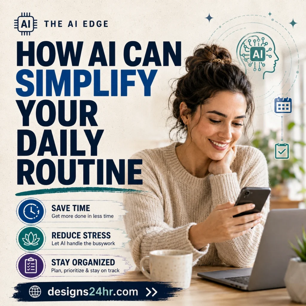 Square thumbnail for The AI Edge showing a realistic woman using AI on her phone with bold text “How AI Can Simplify Your Daily Routine,” plus callouts for saving time, reducing stress, staying organized, and a designs24hr.com CTA.