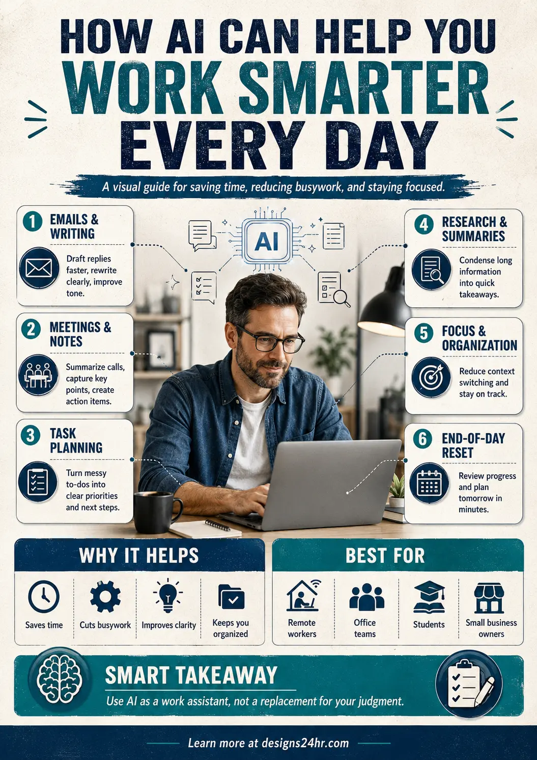Detailed infographic titled “How AI Can Help You Work Smarter Every Day,” showing a realistic man working on a laptop with callout panels for emails and writing, meetings and notes, task planning, research summaries, focus and organization, and end-of-day reset, plus benefit sections for saving time, reducing busywork, improving clarity, and staying organized with a designs24hr.com CTA.