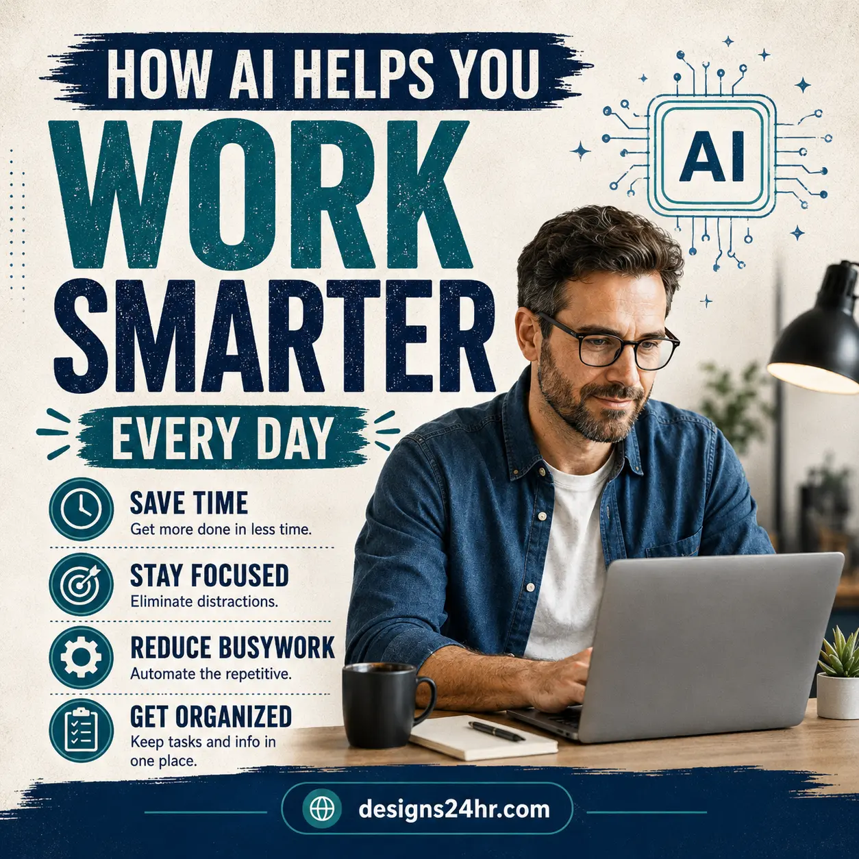 Square thumbnail for The AI Edge titled “How AI Helps You Work Smarter Every Day,” showing a realistic man using a laptop with AI-themed graphic elements, callouts for saving time, staying focused, reducing busywork, and getting organized, plus a designs24hr.com CTA at the bottom.