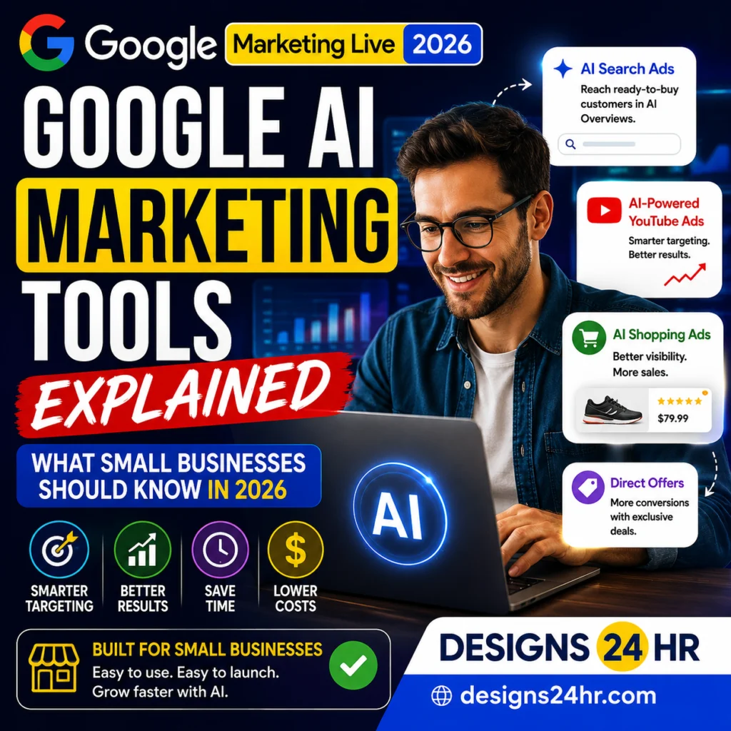 Square thumbnail titled βGoogle AI Marketing Tools Explained,β showing a small business owner using a laptop with AI marketing callouts for AI Search Ads, YouTube Ads, Shopping Ads, Direct Offers, smarter targeting, better results, lower costs, and a designs24hr.com CTA.