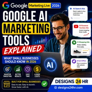 Square thumbnail titled “Google AI Marketing Tools Explained,” showing a small business owner using a laptop with AI marketing callouts for AI Search Ads, YouTube Ads, Shopping Ads, Direct Offers, smarter targeting, better results, lower costs, and a designs24hr.com CTA.