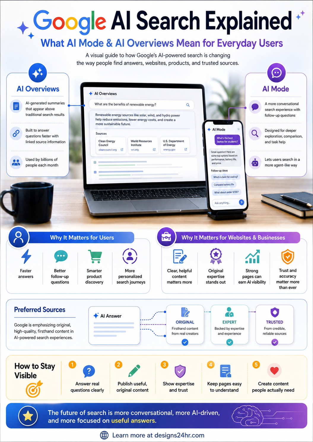 Vertical infographic titled “Google AI Search Explained,” showing a laptop and phone interface with visual callouts for AI Overviews, AI Mode, Preferred Sources, trusted content, smarter search journeys, and tips for staying visible in AI-powered Google Search, with a designs24hr.com CTA at the bottom.