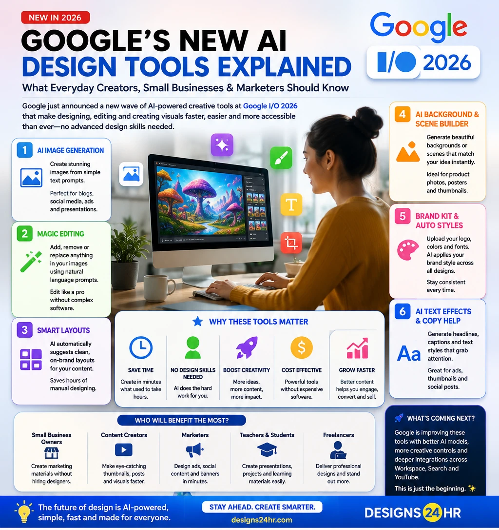 Professional infographic titled “Google’s New AI Design Tools Explained,” showing a realistic creator working at a desktop design screen with callout panels for Google Pics, AI image generation, object and text editing, smart layouts, Workspace integration, creative control, and everyday user benefits for creators, marketers, teachers, small businesses, and teams, with a designs24hr.com CTA at the bottom.