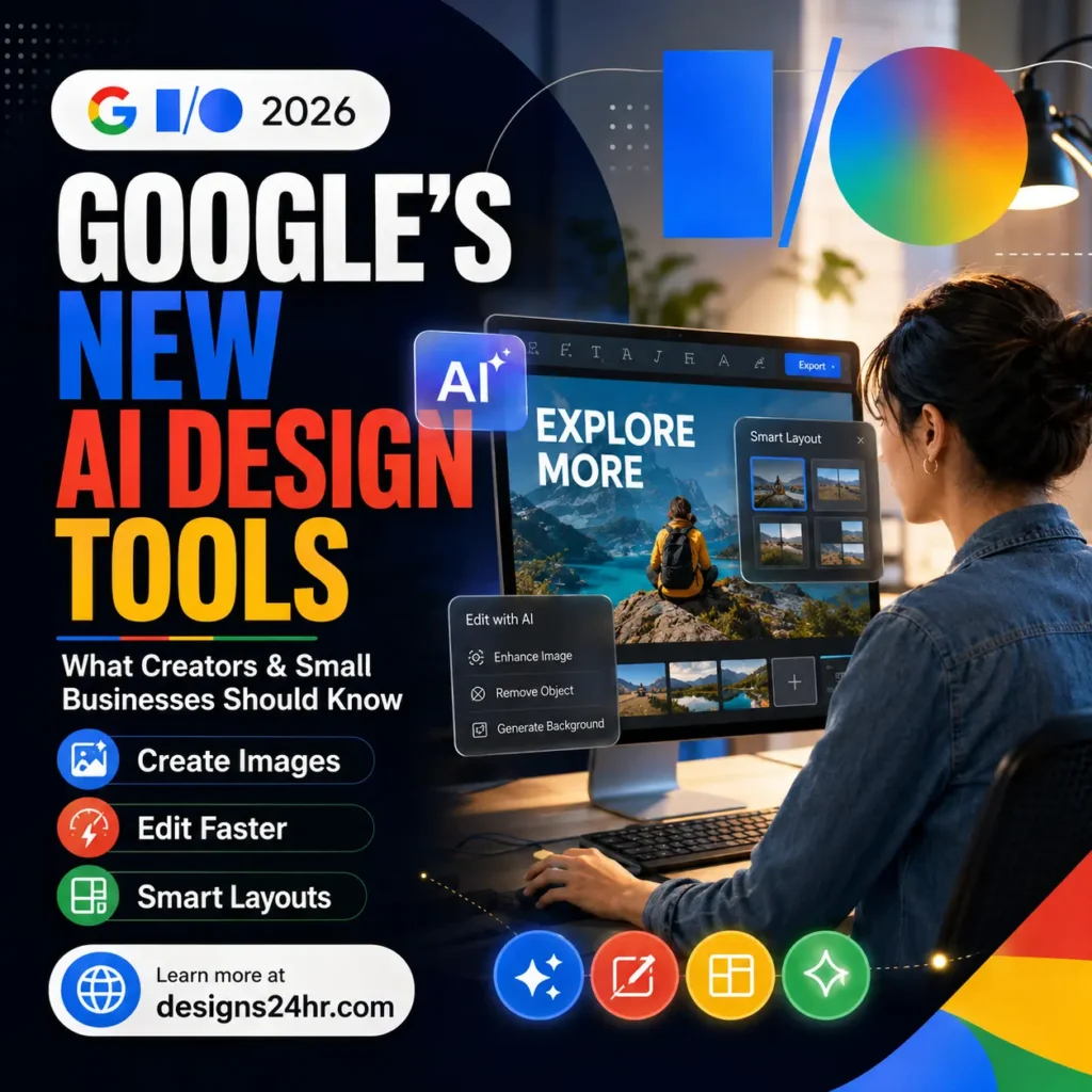 Square thumbnail for The AI Edge titled “Google’s New AI Design Tools,” showing a realistic creator using an AI-powered design workspace with bold Google I/O 2026 styling, callouts for creating images, editing faster, smart layouts, and a designs24hr.com CTA.