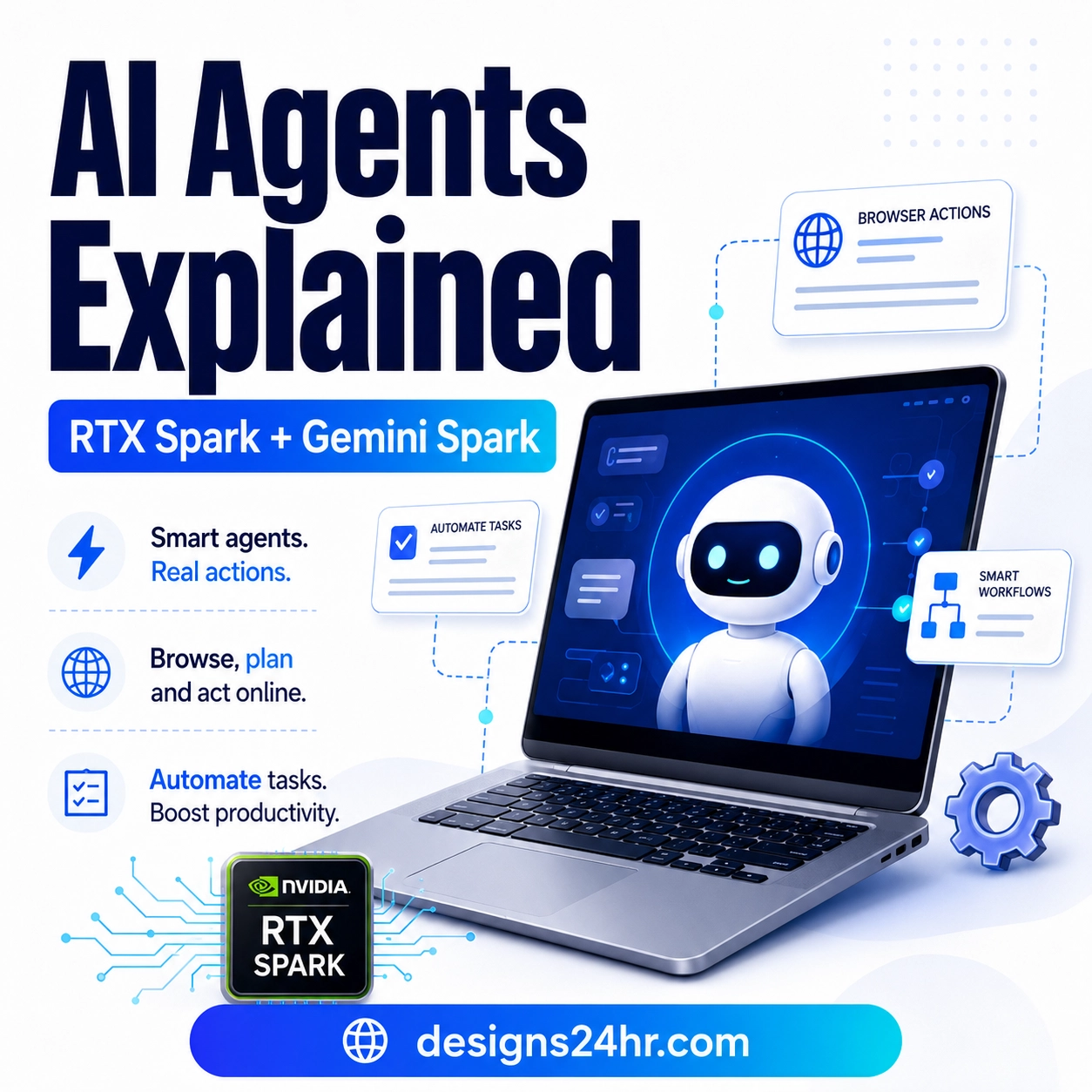 Square thumbnail for an AI agents explained article showing a laptop with an AI assistant, RTX Spark and Gemini Spark text, browser actions, automation cards, and designs24hr.com branding.