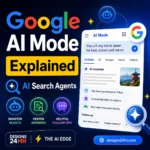 Square thumbnail for a Google AI Mode explained article showing a Google-style AI search interface, AI search agents, deeper answers, follow-up prompts, and Designs24hr branding.