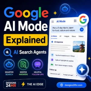 Square thumbnail for a Google AI Mode explained article showing a Google-style AI search interface, AI search agents, deeper answers, follow-up prompts, and Designs24hr branding.