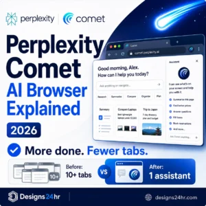 1:1 thumbnail showing Perplexity Comet AI Browser explained with a clean Comet browser interface, AI assistant panel, fewer tabs comparison, and “More done. Fewer tabs.” productivity message.