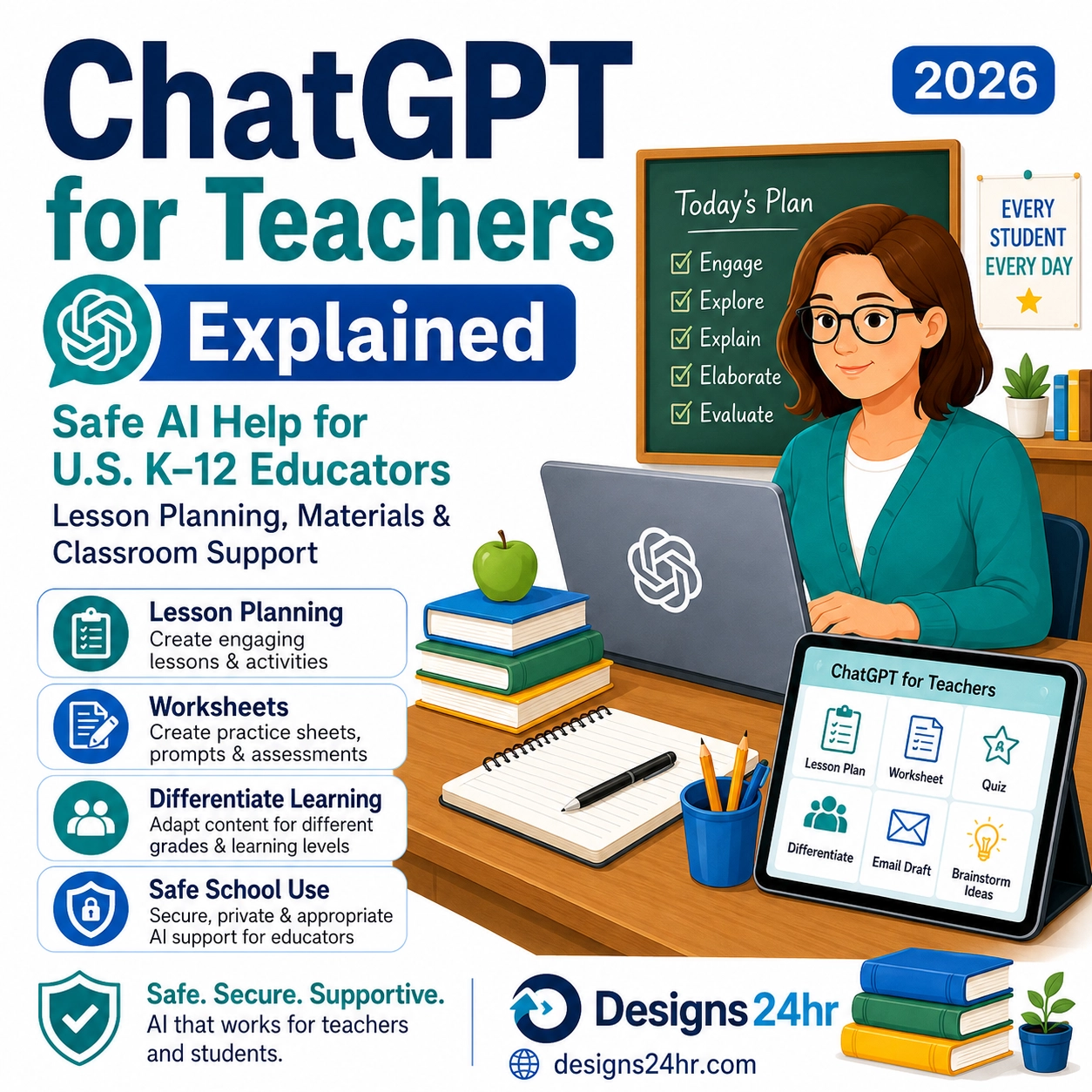 1:1 thumbnail showing ChatGPT for Teachers explained with a teacher using AI for lesson planning, classroom materials, worksheets, differentiated learning, and safe school support.