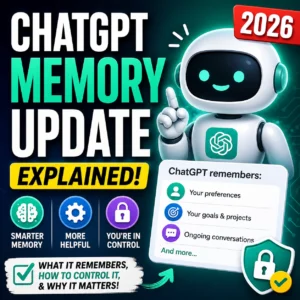 Bold 1:1 thumbnail showing ChatGPT Memory Update Explained 2026 with a friendly AI robot, privacy lock icons, and memory control details.