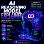 Square thumbnail showing a futuristic AI reasoning model concept with a glowing digital brain, Microsoft Build 2026 reference, MAI-Thinking-1, advanced reasoning, coding, long context, and Designs24hr branding.