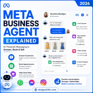 1:1 thumbnail showing Meta Business Agent explained with a business chat interface, customer messages, appointment booking, lead capture, and Meta messaging app icons.