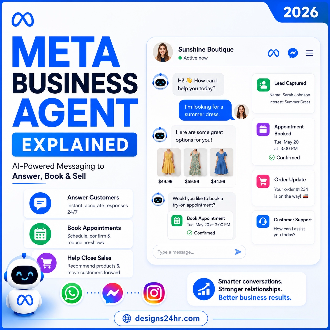1:1 thumbnail showing Meta Business Agent explained with a business chat interface, customer messages, appointment booking, lead capture, and Meta messaging app icons.