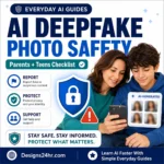 AI deepfake photo safety thumbnail for parents and teens showing a family checking a phone with privacy shield and report support icons.