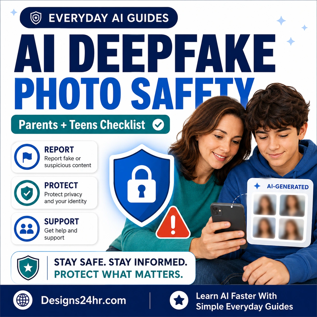 AI deepfake photo safety thumbnail for parents and teens showing a family checking a phone with privacy shield and report support icons.