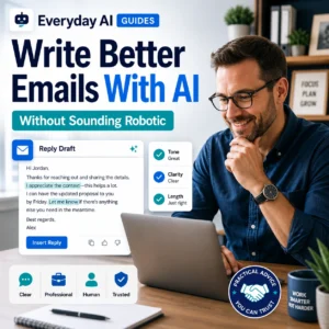 Everyday AI Guides thumbnail showing a professional using a laptop with an AI-generated reply draft and the headline Write Better Emails With AI Without Sounding Robotic.