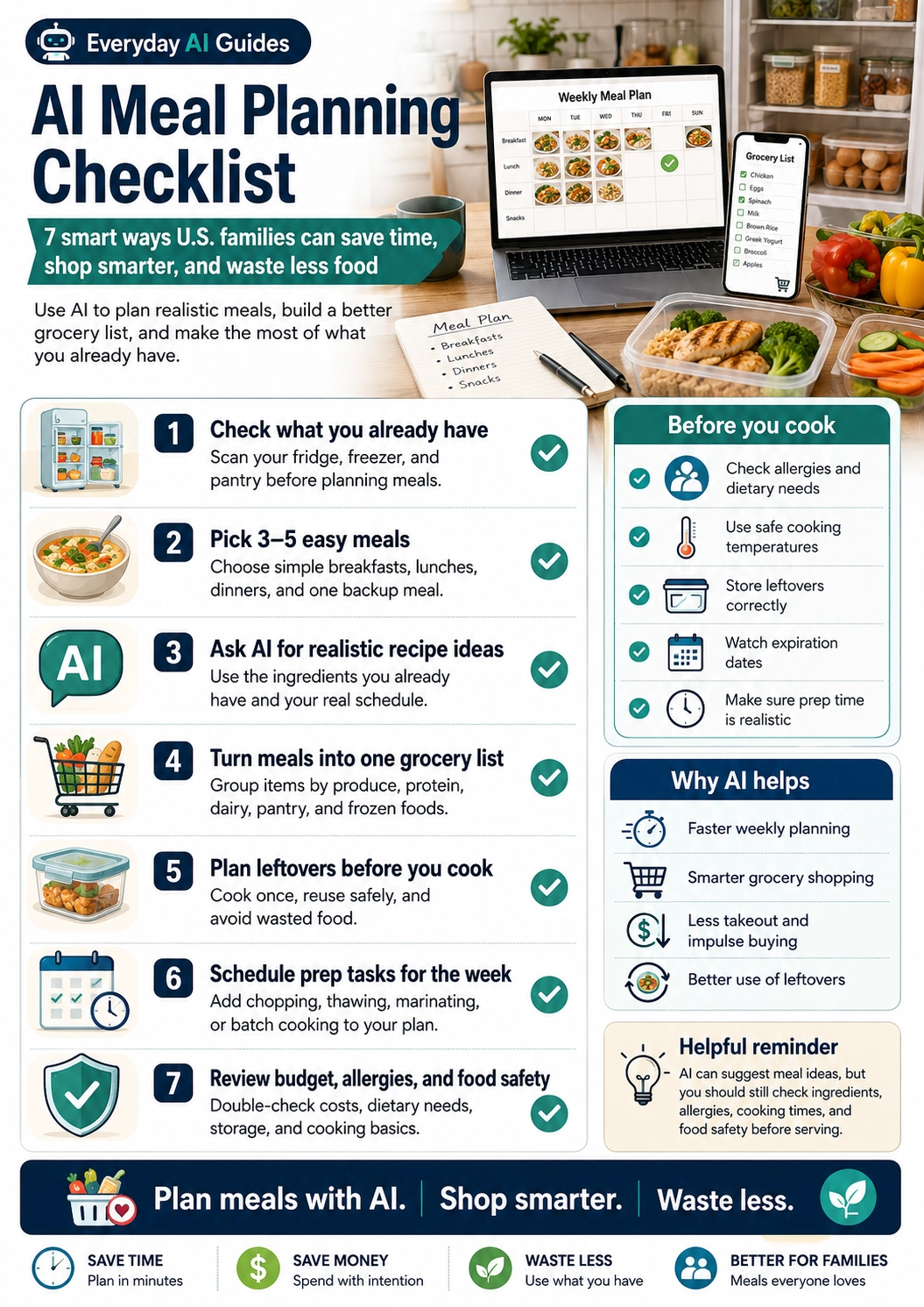AI meal planning checklist infographic for U.S. families showing seven steps to check ingredients, pick easy meals, ask AI for recipe ideas, build a grocery list, plan leftovers safely, schedule prep tasks, and review budget, allergies, and food safety.