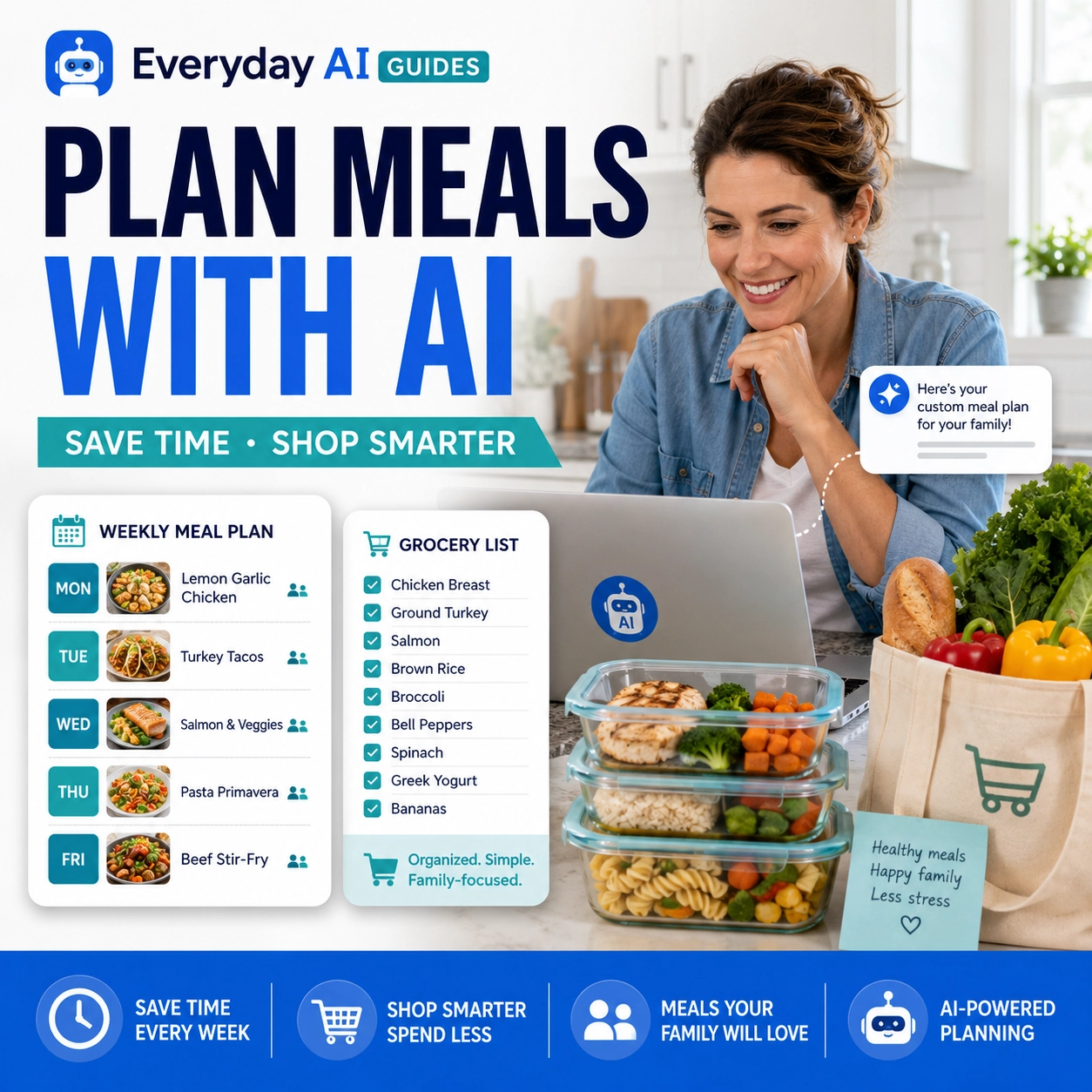 Everyday AI Guides thumbnail showing a U.S. parent planning meals with AI, a weekly meal plan, grocery list, prepared food containers, and the headline Plan Meals With AI Save Time Shop Smarter.