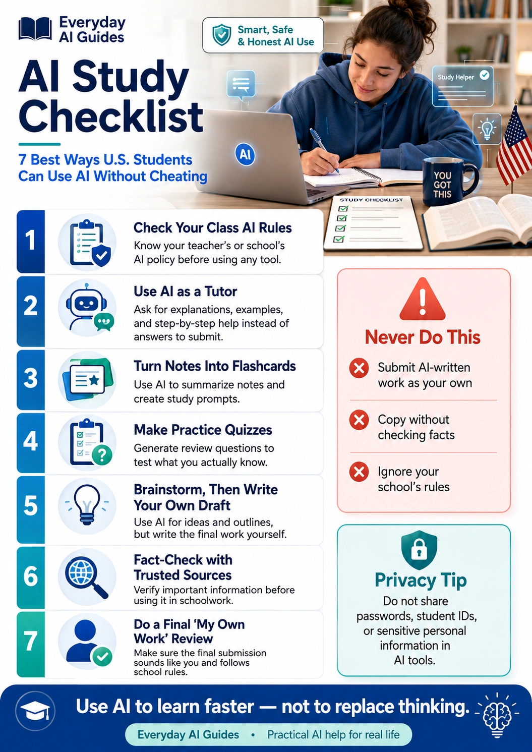 AI study checklist infographic for U.S. students showing seven responsible ways to use AI for studying, including checking school rules, using AI as a tutor, making flashcards, creating practice quizzes, fact-checking, protecting privacy, and reviewing final work.