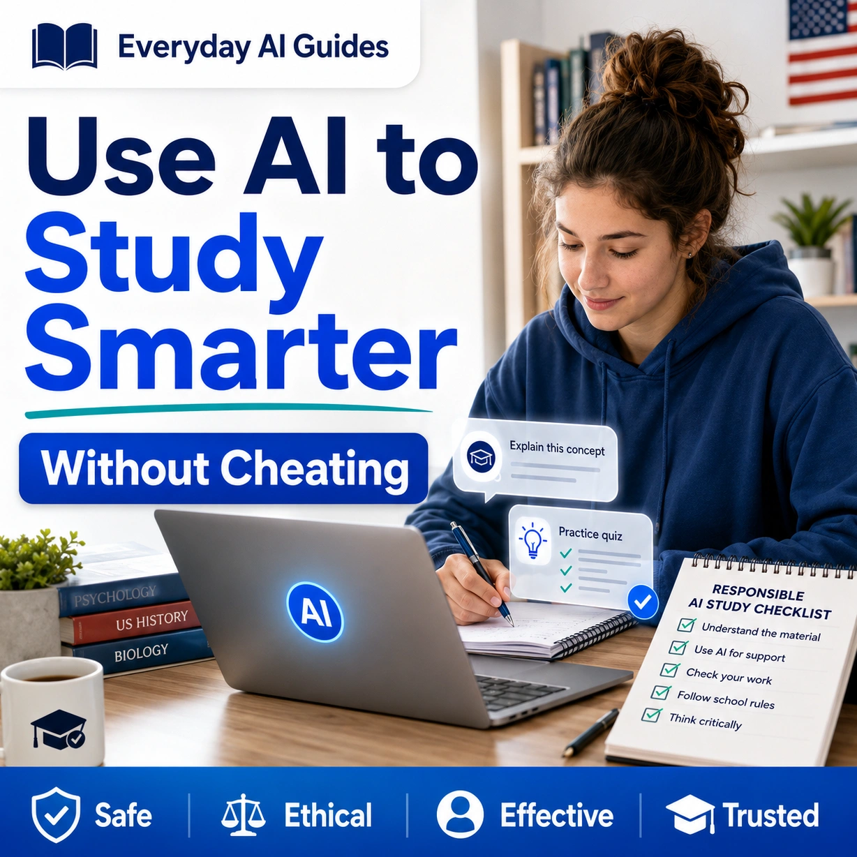 Everyday AI Guides thumbnail showing a U.S. student using a laptop and notes with the headline Use AI to Study Smarter Without Cheating, plus responsible AI study checklist icons.