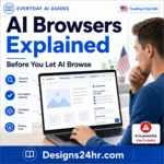AI Browsers Explained thumbnail showing a U.S. user viewing an AI assistant inside a web browser with tabs, privacy icons, summary tools, and Designs24hr.com branding.