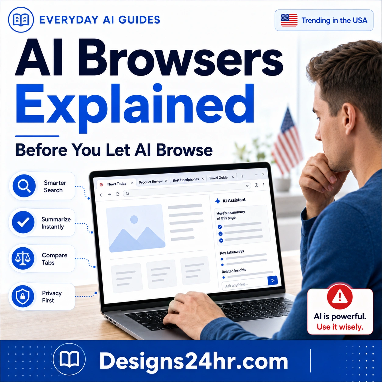 AI Browsers Explained thumbnail showing a U.S. user viewing an AI assistant inside a web browser with tabs, privacy icons, summary tools, and Designs24hr.com branding.