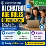 AI chatbot age rules checklist thumbnail for parents checking ChatGPT Gemini and Copilot safety.