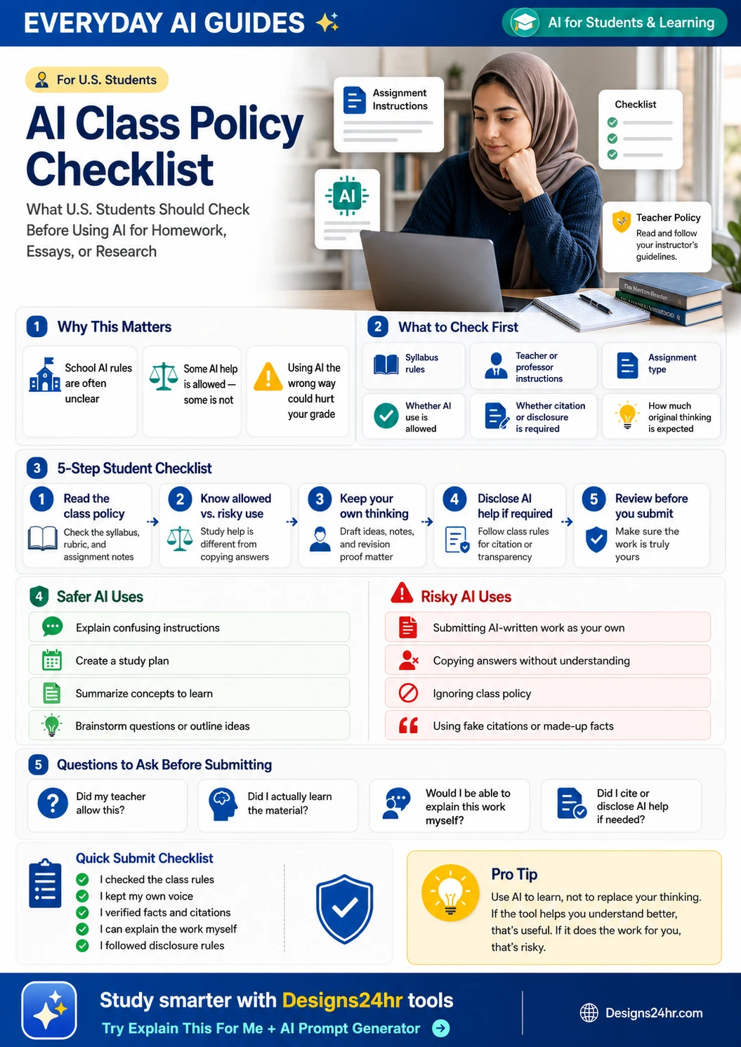 AI class policy checklist infographic for U.S. students showing what to check before using ChatGPT for homework, essays, or research, including syllabus rules, allowed AI use, disclosure, citations, and academic integrity.