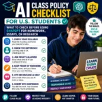 Square thumbnail showing a U.S. student using a laptop with an AI class policy checklist, including syllabus rules, academic integrity, citation, disclosure, and responsible AI use.