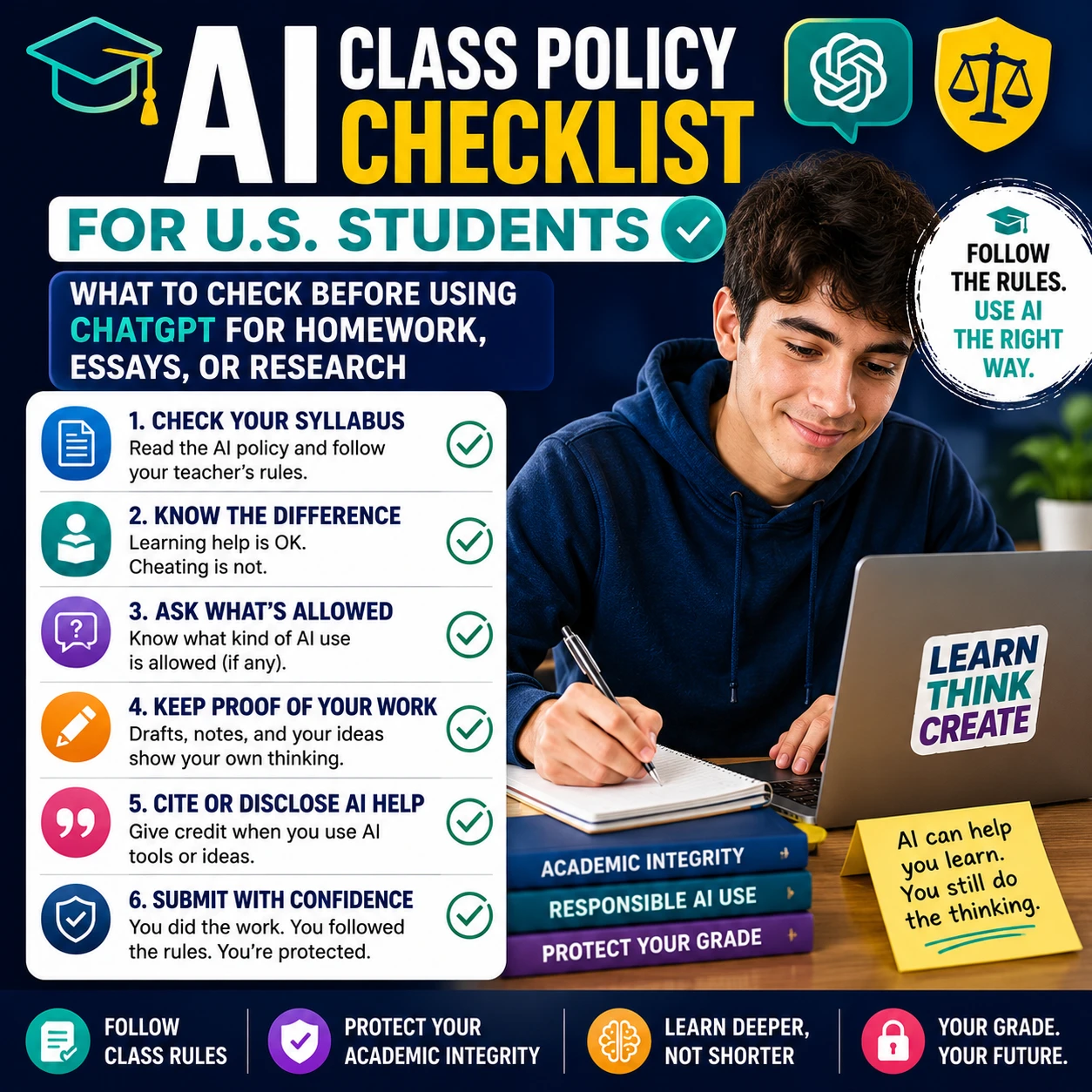 Square thumbnail showing a U.S. student using a laptop with an AI class policy checklist, including syllabus rules, academic integrity, citation, disclosure, and responsible AI use.