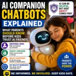 AI companion chatbots explained thumbnail showing a child hugging a friendly robot with parent safety reminders about emotional risks, privacy concerns, unsafe responses, and healthy boundaries.