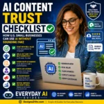 AI content trust checklist for U.S. small businesses showing a business owner reviewing AI content with trust, facts checked, human review, and clear sources icons.