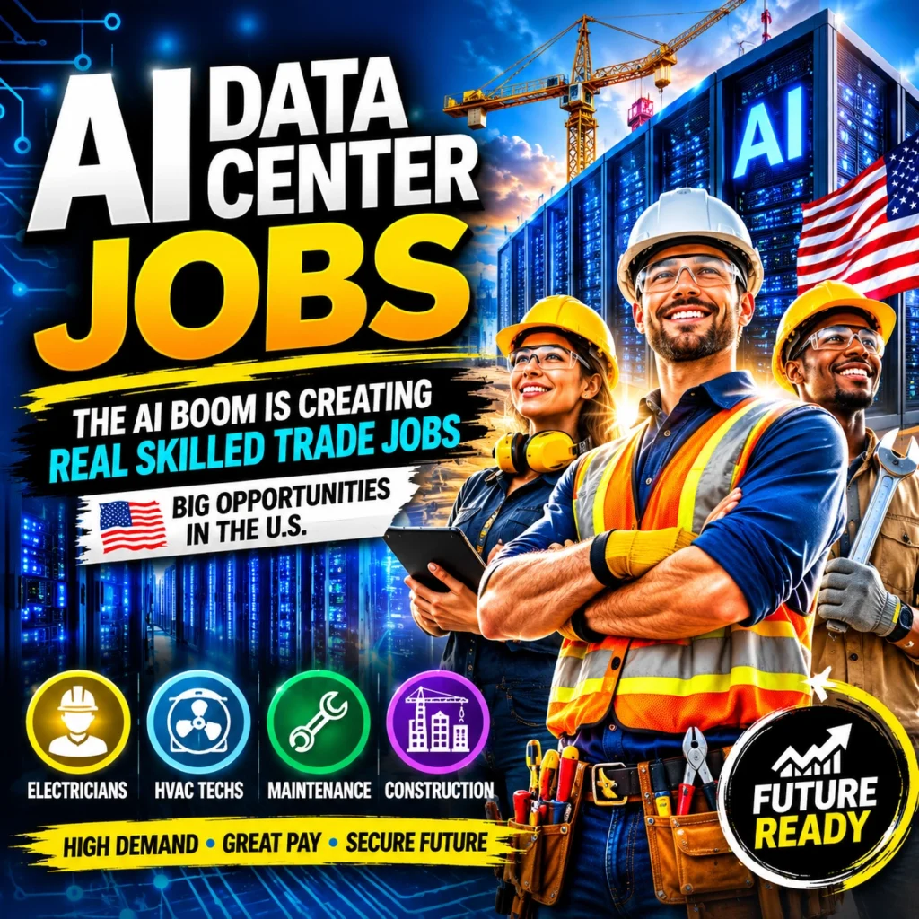 AI Data Center Jobs thumbnail showing skilled trade workers in a U.S. data center with bold text about AI creating real skilled trade opportunities.