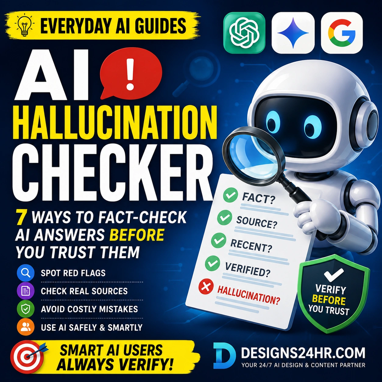 AI Hallucination Checker thumbnail showing a robot reviewing an AI answer checklist with warning signs, source checks, and a verify before you trust message.