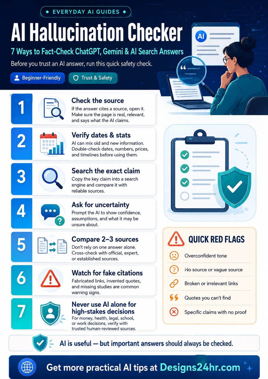 Everyday AI Guides infographic explaining 7 ways to fact-check ChatGPT, Gemini, and AI search answers, including checking sources, dates, exact claims, uncertainty, citations, and high-stakes decisions.