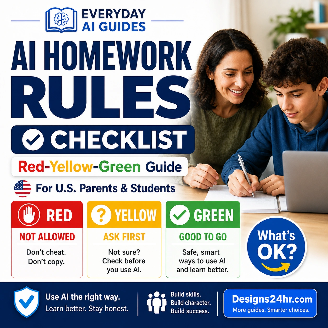 AI homework rules checklist thumbnail for U.S. parents and students using red yellow green AI guidance.