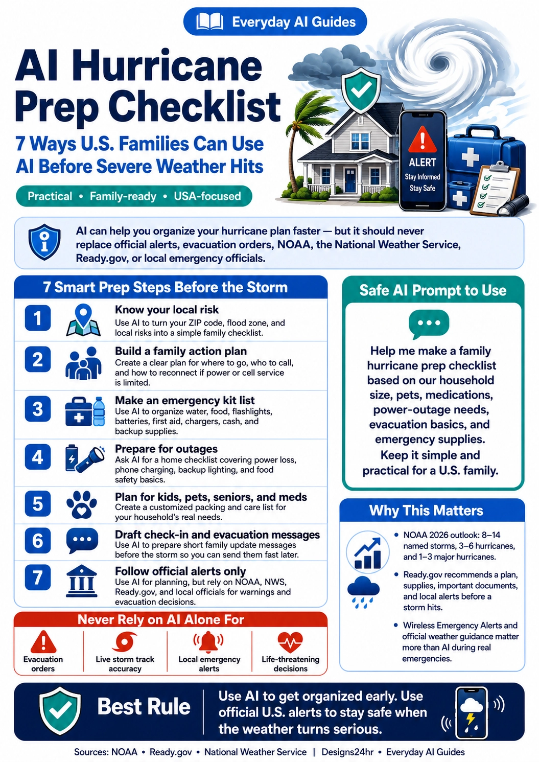 Everyday AI Guides infographic titled AI Hurricane Prep Checklist showing seven smart prep steps for U.S. families, including local risk checks, family action plans, emergency kits, outage prep, pets and medications, evacuation messages, and official alert guidance.
