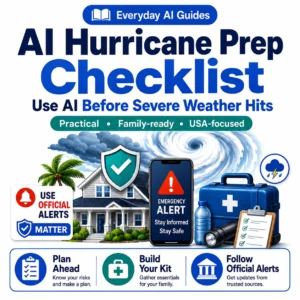 AI Hurricane Prep Checklist thumbnail showing a family home, hurricane swirl, emergency alert phone, shield checkmark, emergency kit, and USA-focused safety badges for using AI before severe weather.