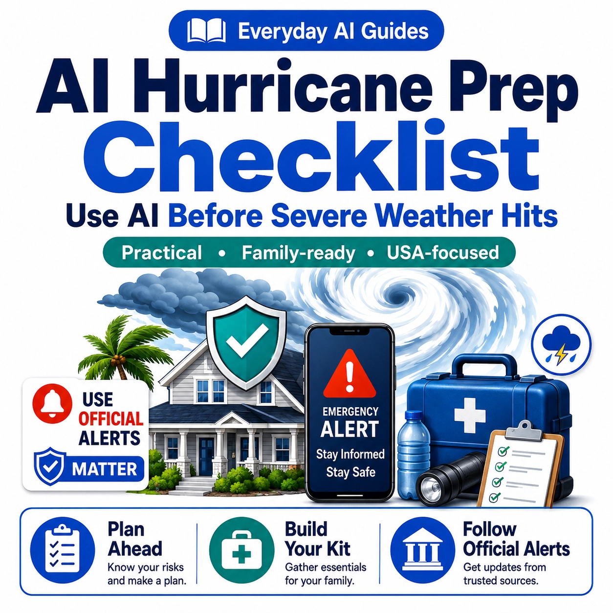 AI Hurricane Prep Checklist thumbnail showing a family home, hurricane swirl, emergency alert phone, shield checkmark, emergency kit, and USA-focused safety badges for using AI before severe weather.