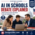 AI in Schools Debate Explained thumbnail showing a U.S. student using a laptop with a parent and educator discussing chatbot rules, privacy, and classroom AI safety.